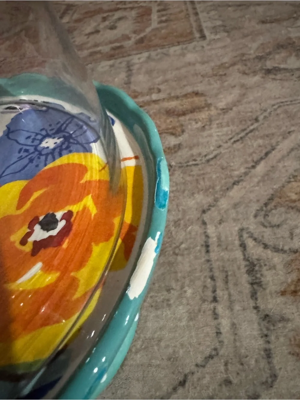 Hand-Painted Turquoise Floral Mini Cake Stand with Glass Dome